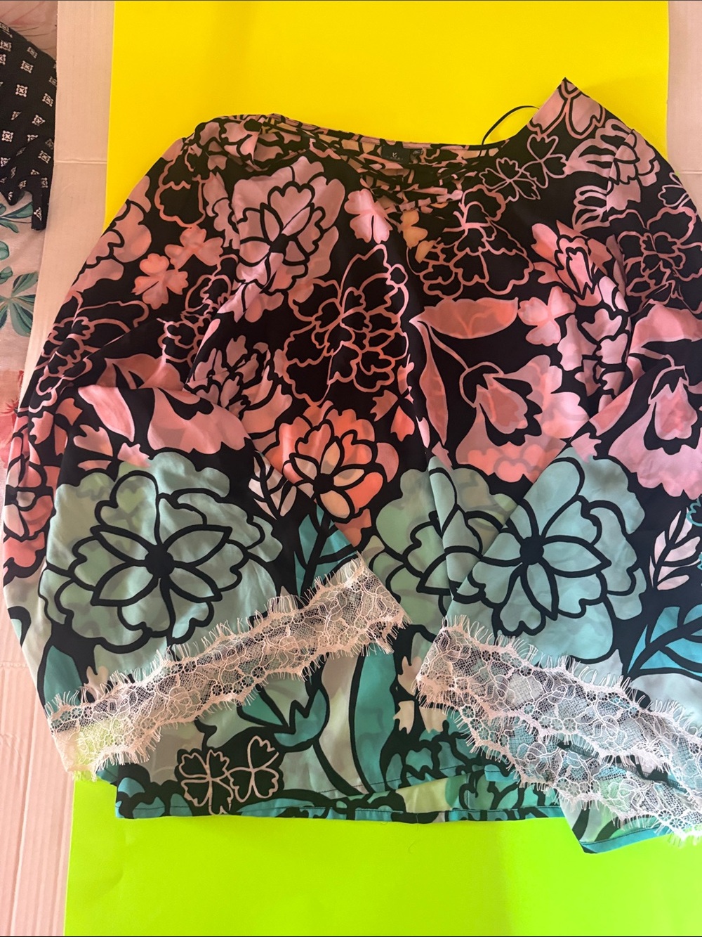 KAARI Blue Floral Lace Trim Mini Skirt - Black with Pink & Aqua -